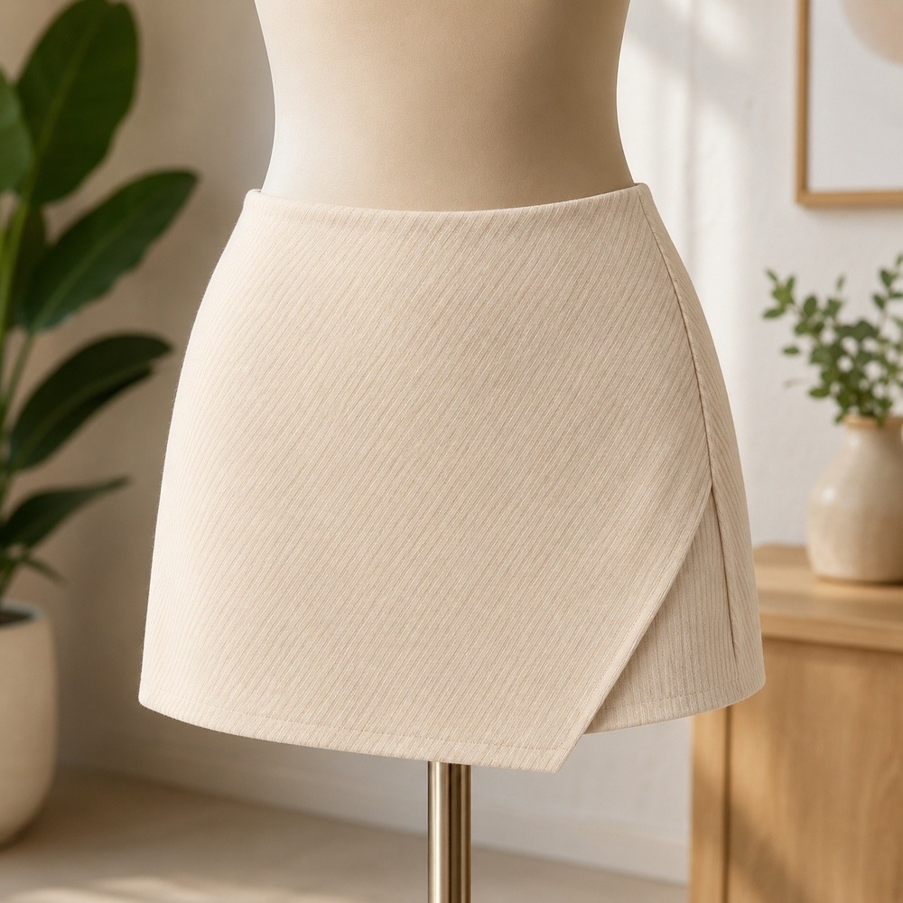 NWT Cupshe Corduroy Wrap Mini Skirt Womens L Cream Asymmetrical Ribbed Casual